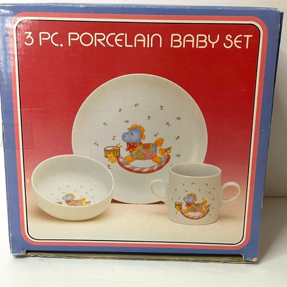 Retro 90s 3 Piece Japan Porcelain Baby Place Setting Set Quilted Rocking Horse - Picture 1 of 7